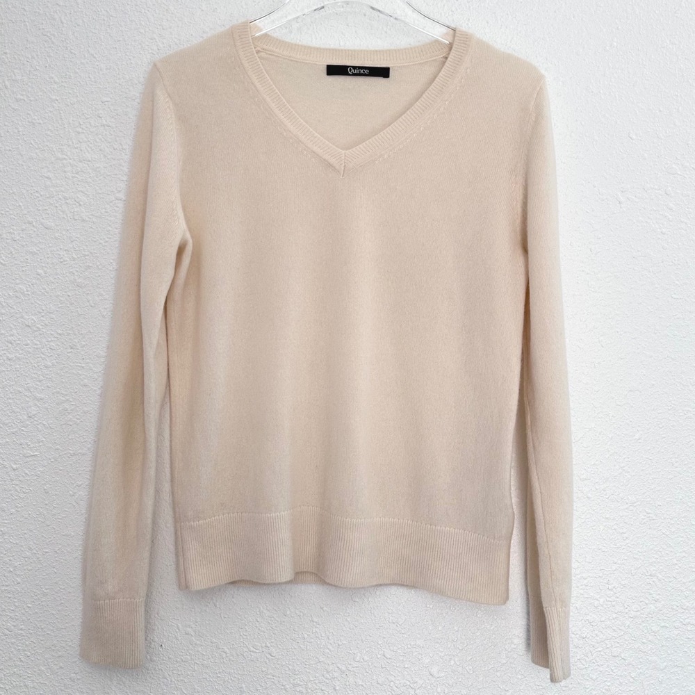 Quince V-Neck Sweater Women Small Cream Ivory 100% Cashmere Capsule Minimalist
